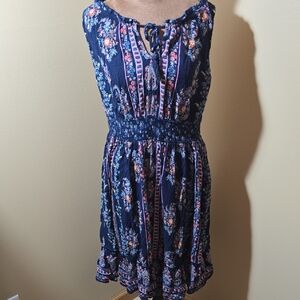 Bila Navy Floral Tie-Neck Smocked Mini Dress